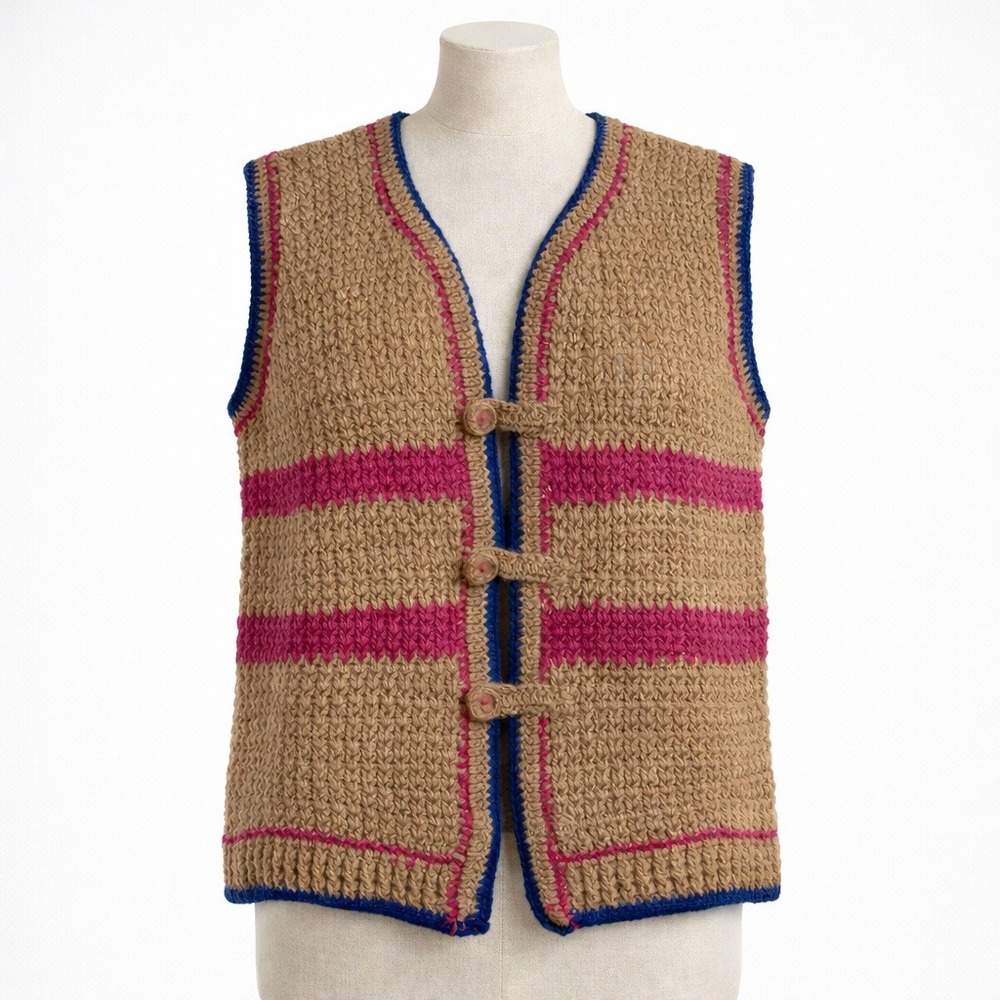 Handmade‎ Striped Crochet Sweater Vest Size L Pink Brown Cottagecore Boho Granny